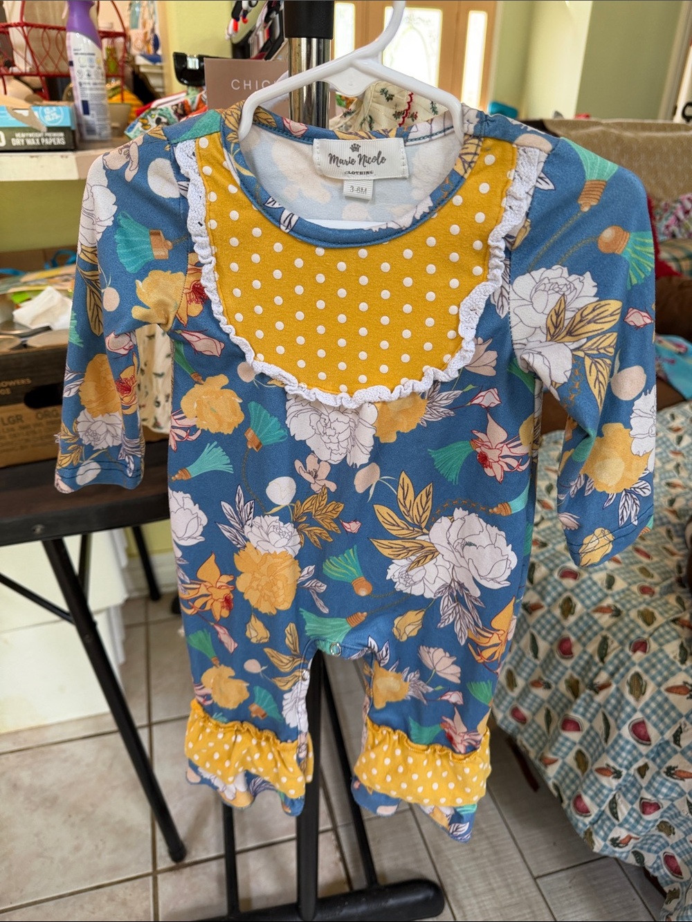Maggie & Zoe Blue Floral One-Piece with Yellow Polka Dot Bib